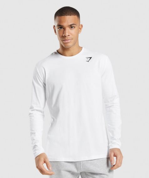 Men's Gymshark Crest Long Sleeve T-Shirts White | CA 078NA3